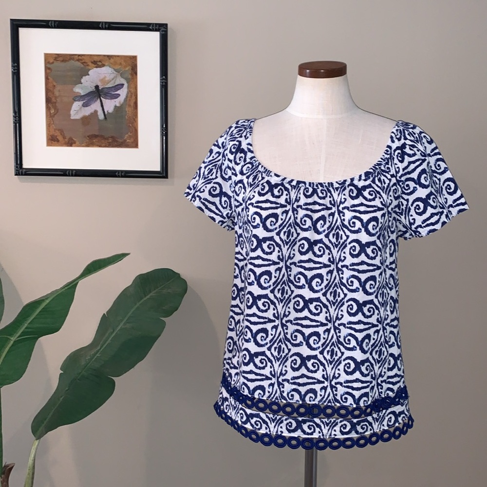 Vineyard Vines Salt Island Tile Flutter Sleeve Top, Blue & White, Size XS